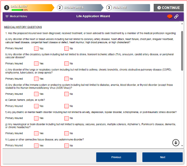 Select yes or no for each question