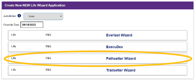 Select product wizard (i.e. Pathsetter Wizard option)